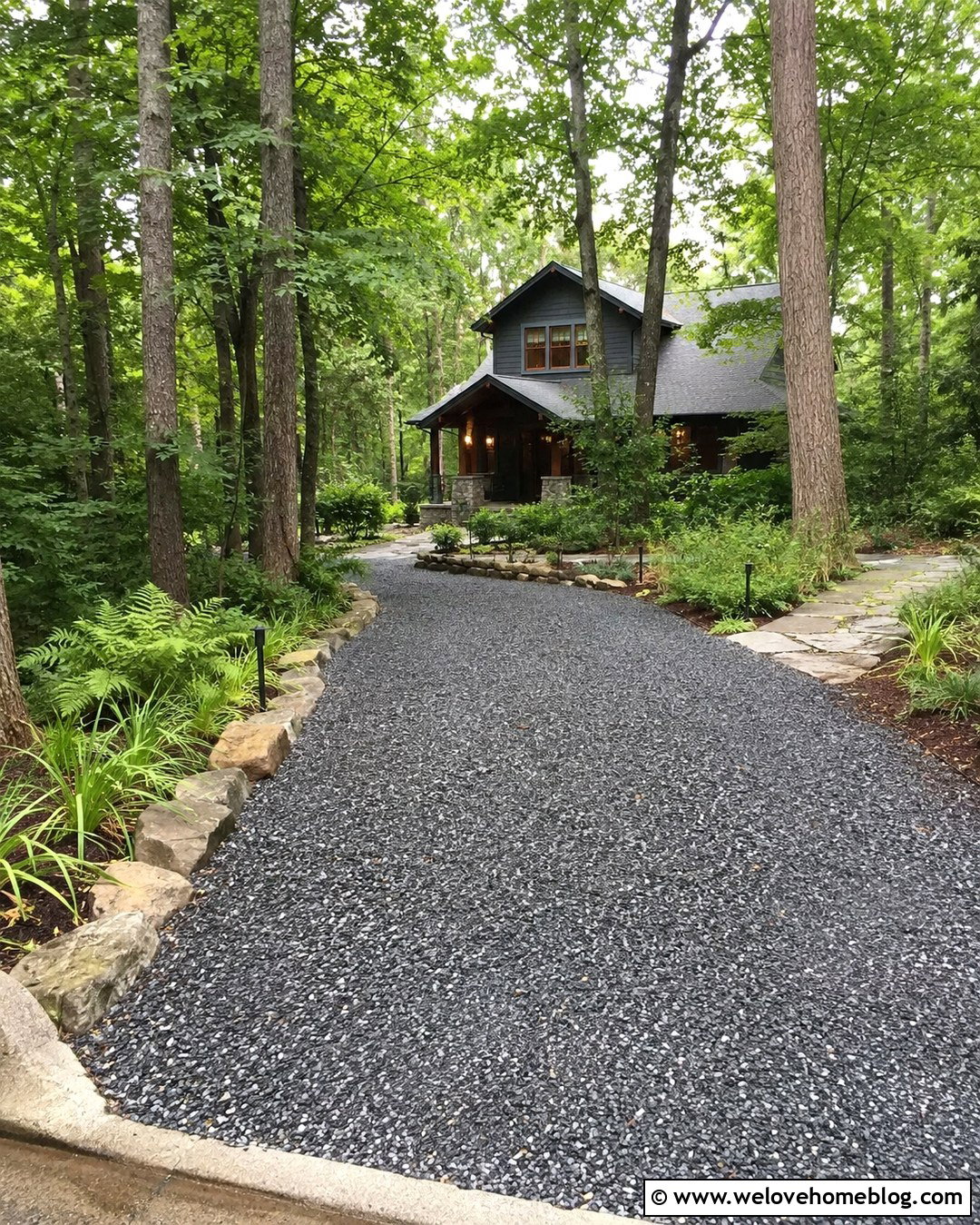 Woodland Gravel Driveway With Fern Borders - 20 Planted Driveway Ideas
