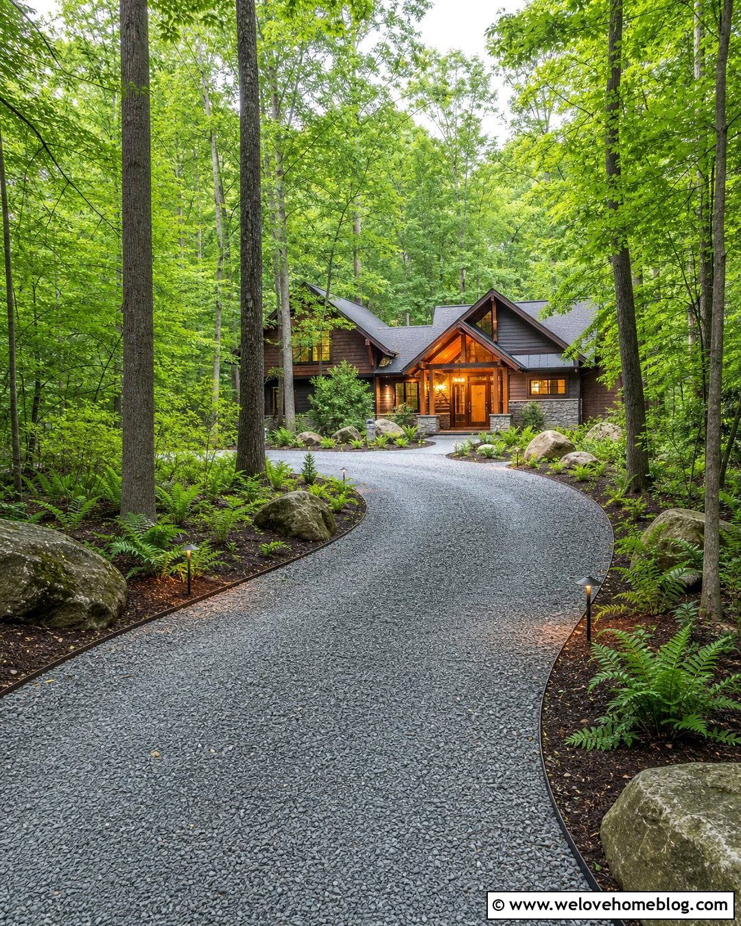Woodland Gravel Driveway With Natural Boulders - 25 Gravel Driveways Ideas