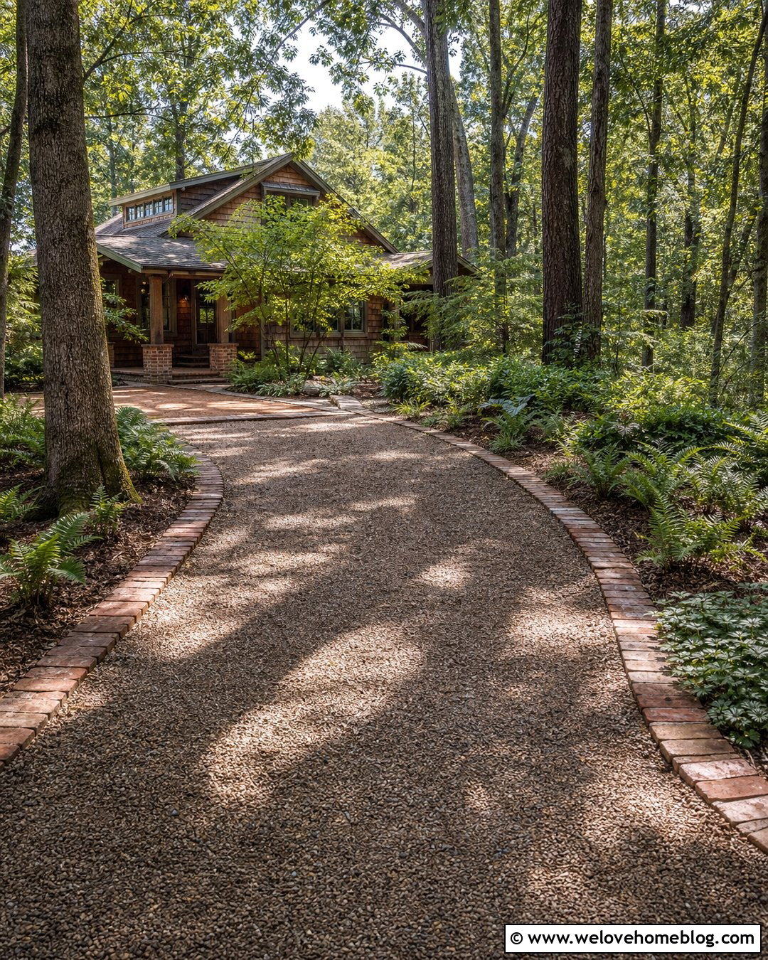 Woodland Gravel Driveway With Rustic Brick Border - 20 Brick Lined Gravel Driveway Ideas