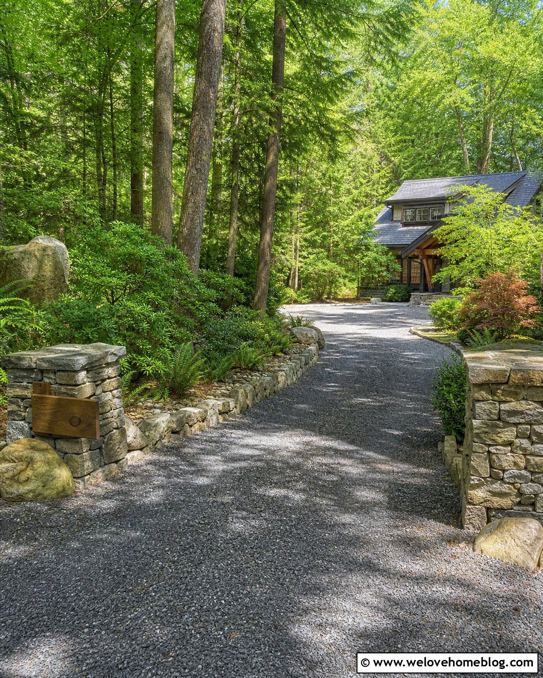 Woodland Gravel Driveway With Stone Entrance - 25 Driveway Inspiration Ideas