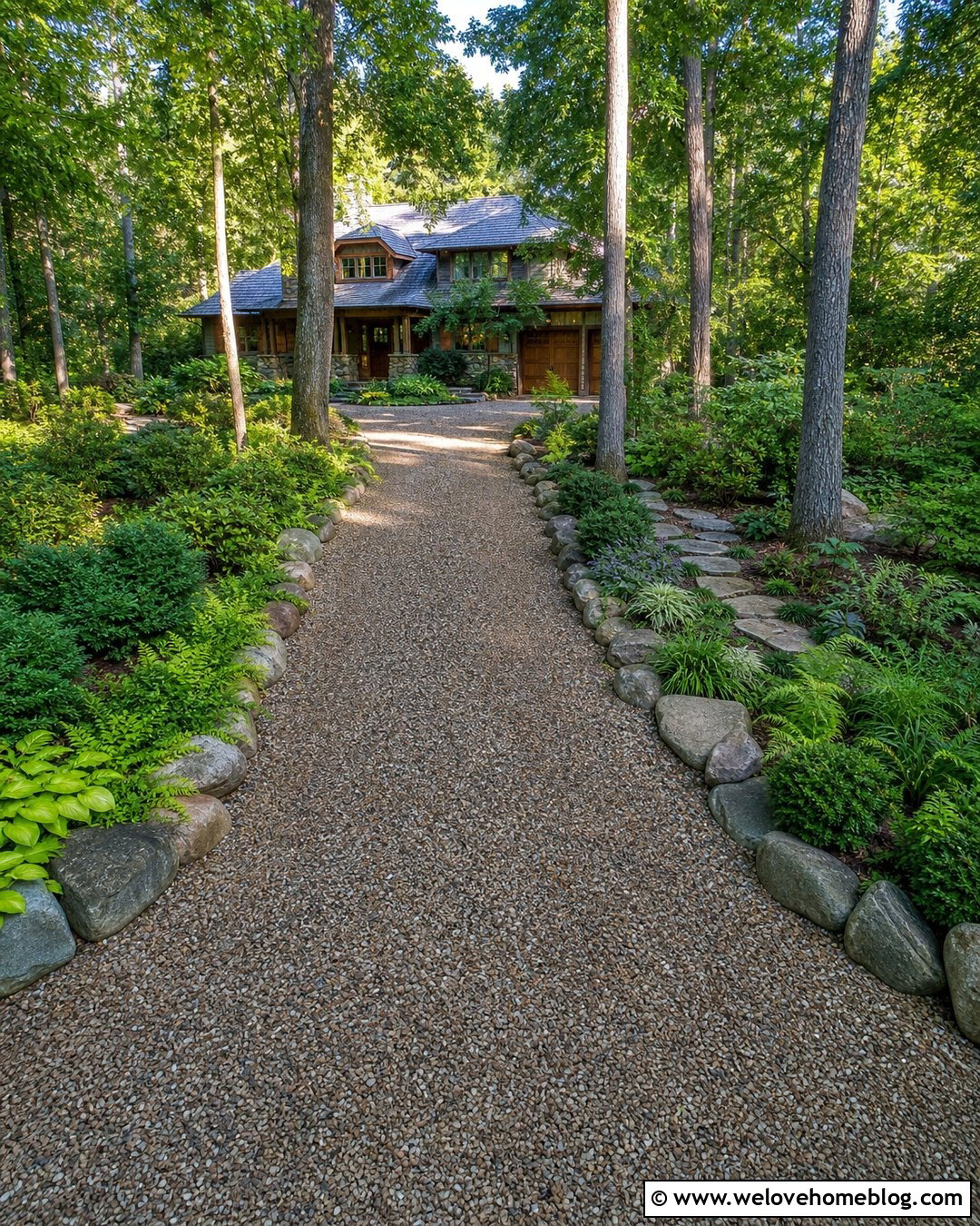Woodland Pebble Driveway With Natural Stone Edging - 20 pebble rock driveway ideas