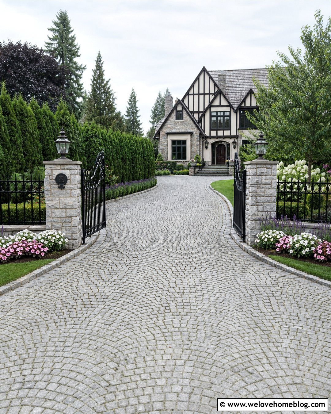 Wrought Iron Fence Lined Cobblestone Driveway - 20 Fence Lined Driveway Ideas