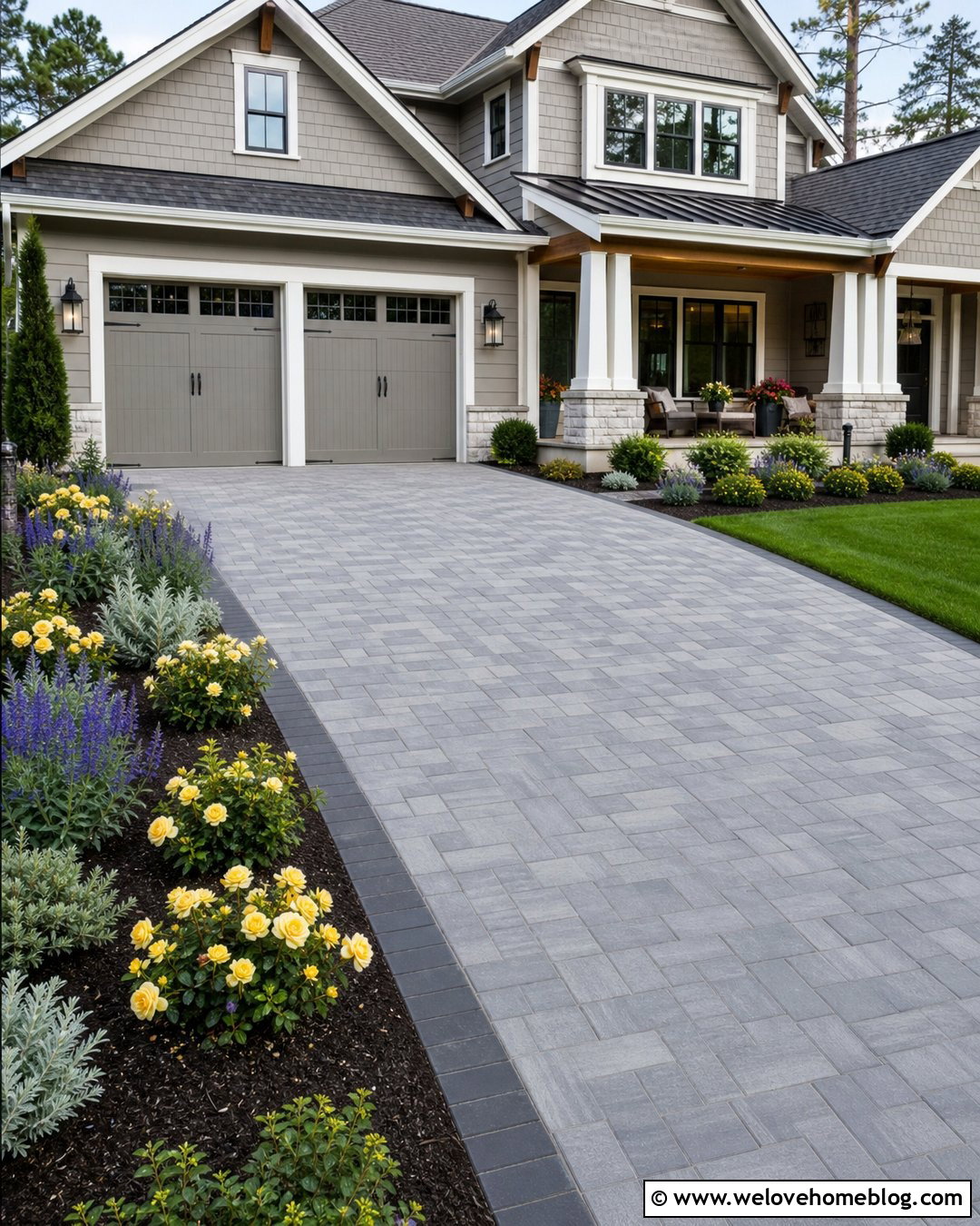 Yellow Roses Along A Gray Paver Driveway - 20 Roses Along Driveway Ideas