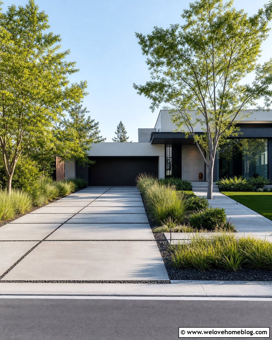 Zelkova Tree Lined Concrete Driveway - 40 Tree Lined Driveway Ideas